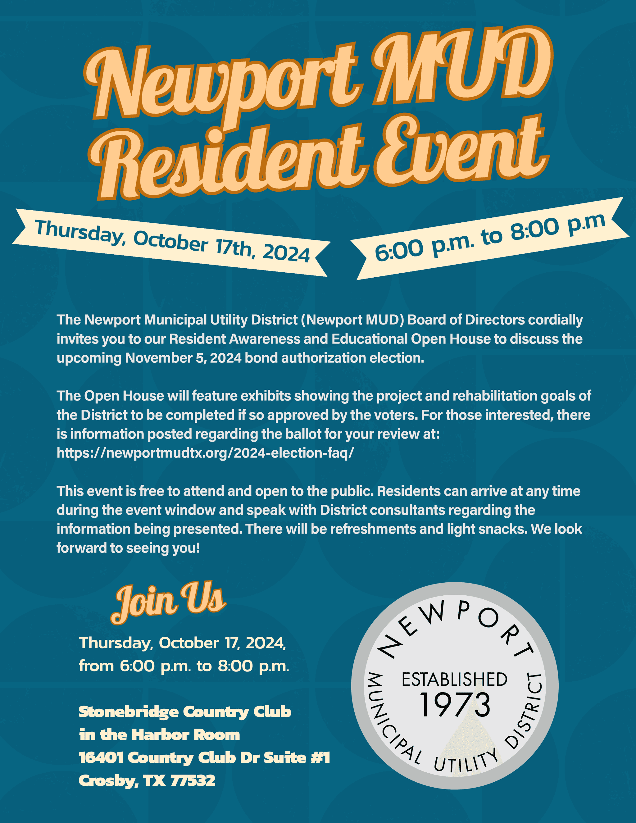 Newport MUD Resident Event Thursday, October 17 at 6:00 PM!  