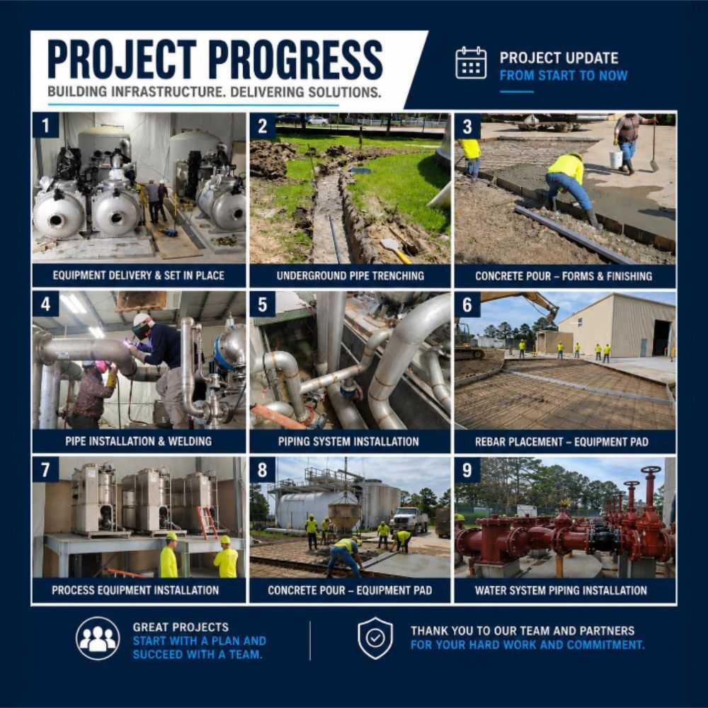 Project progress infographic showing nine construction stages: equipment setup, trenching, concrete work, pipe installation, rebar, system piping, equipment install, pads, and water system piping with crews onsite.